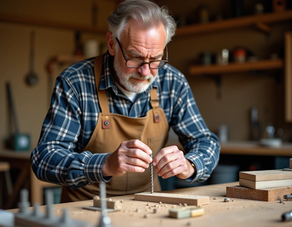 Artisan affûtant un foret à bois dans son atelier à domicile, inspectant la pointe de la mèche avec attention