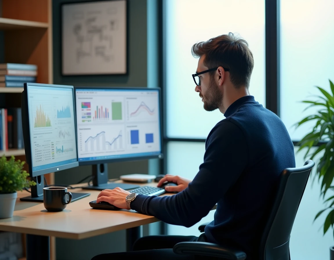 Analyste de données masculin concentré sur des logiciels d'intelligence d'affaires avec graphiques de prévision et modèles analytiques sur double écran