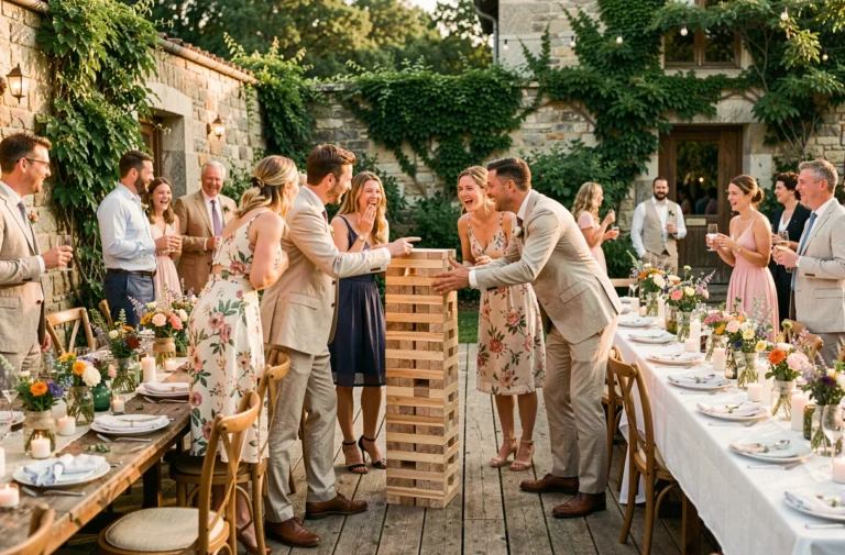 Invités d'un mariage en plein air jouant au Jenga géant sur une terrasse en bois rustique lors de la réception