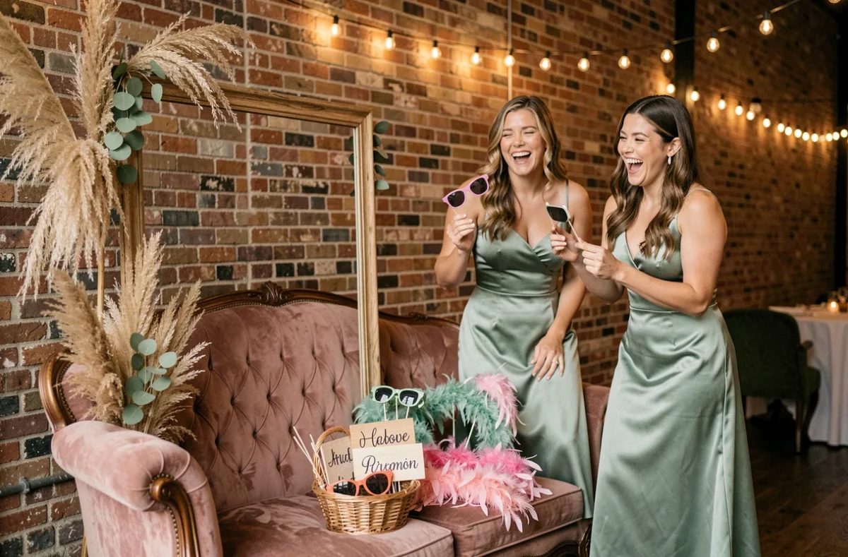 Deux demoiselles d'honneur posant avec des accessoires amusants dans un photobooth décoré lors d'une réception de mariage