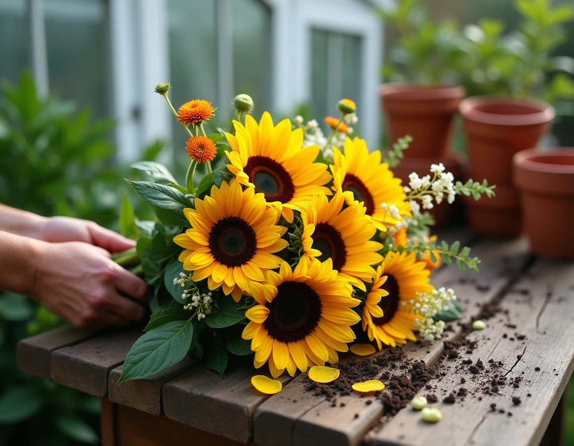 Bouquet de fleurs coupées du jardin posé sur une table de rempotage en bois avec tournesols, zinnias et eucalyptus