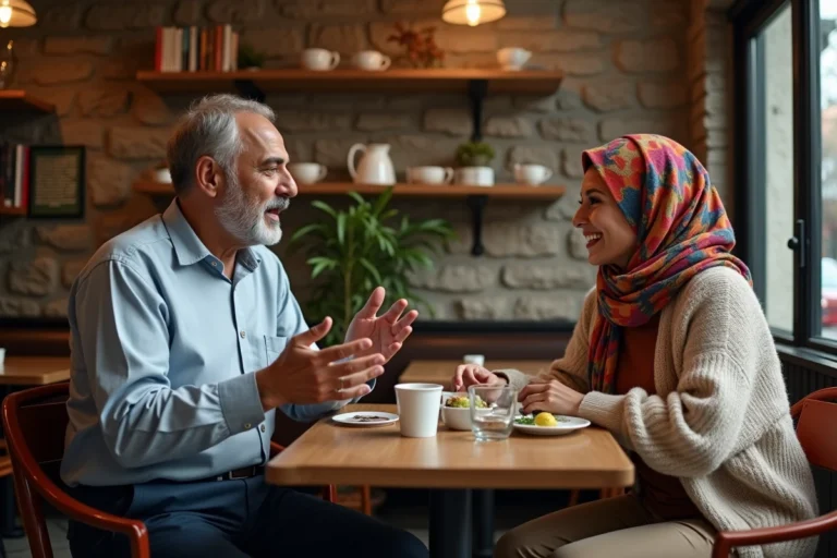 Homme maghrebin et femme discutent dans un cafe parisien