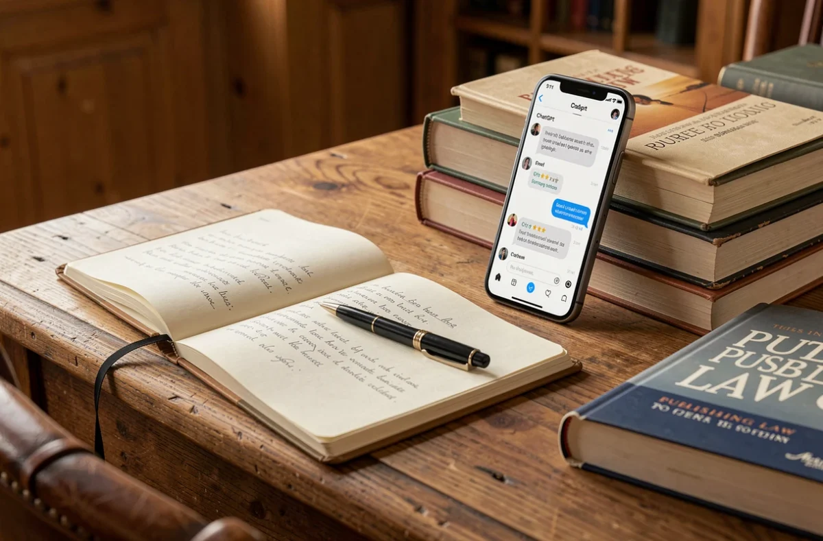 Composition éditoriale montrant un carnet manuscrit, un stylo et un smartphone affichant une conversation ChatGPT sur un bureau en bois, symbolisant les enjeux juridiques de l'écriture assistée par IA
