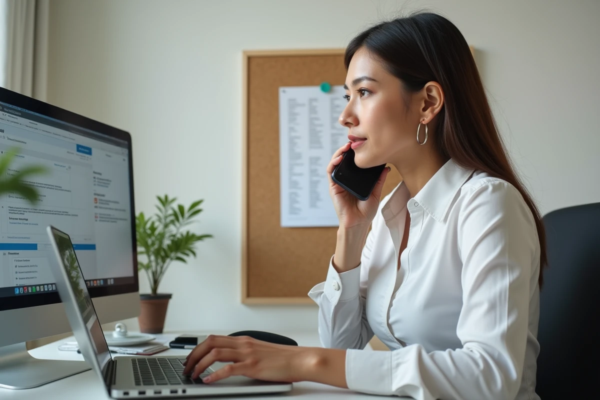 Organisatrice de mariage centralisant la communication avec les prestataires depuis son bureau avec téléphone et ordinateur
