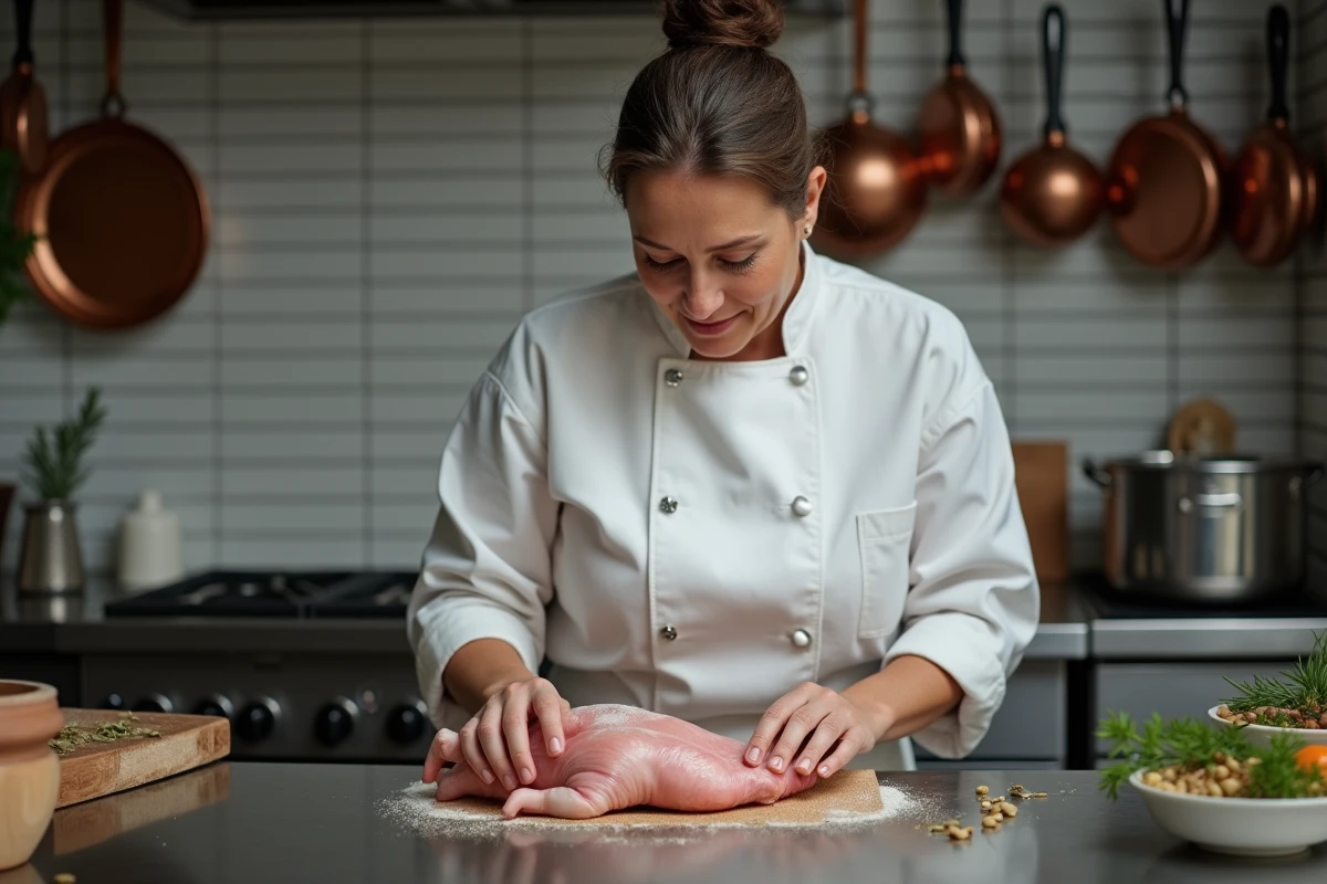 Cheffe cuisinière préparant un pied de porc frais dans une cuisine professionnelle avec herbes et épices