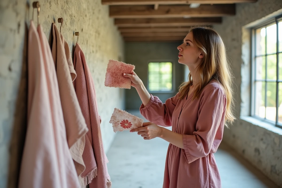 Femme tenant des échantillons de tissu et de fleurs dans une salle brute pour adapter la décoration au lieu de mariage