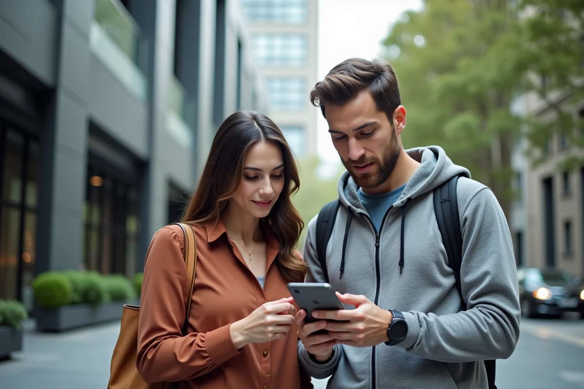 Deux collègues partageant un itinéraire de bus enregistré sur Mappy via un smartphone en ville