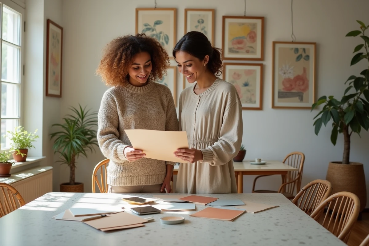 Jeune couple examinant des échantillons de peinture dans la salle à manger