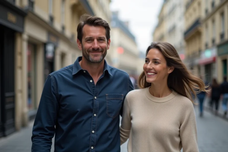 Couple souriant dans une rue parisienne emblématique