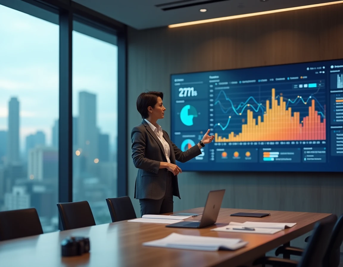 Directrice analysant des tableaux de bord d'intelligence d'affaires dans une salle de réunion moderne avec données visuelles et métriques KPI
