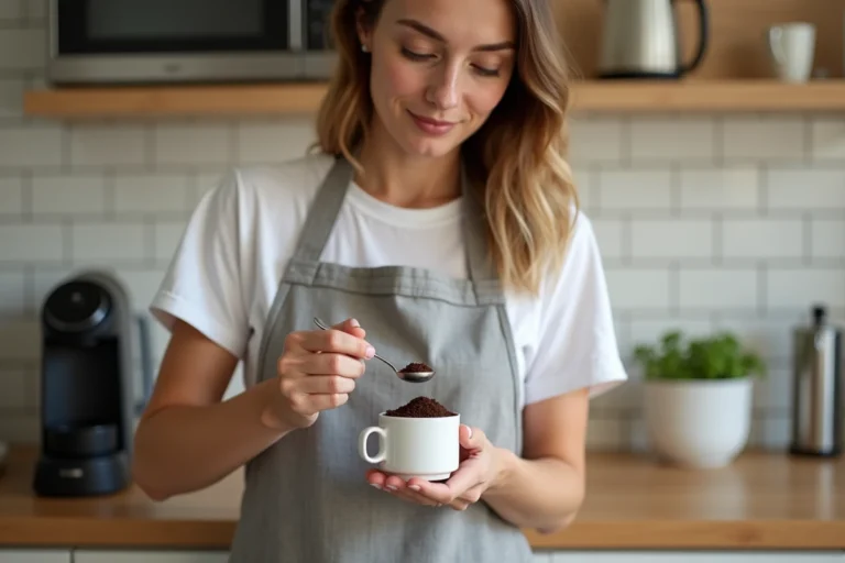Femme remplissant une dosette réutilisable Senseo avec du café moulu dans une cuisine moderne en bois