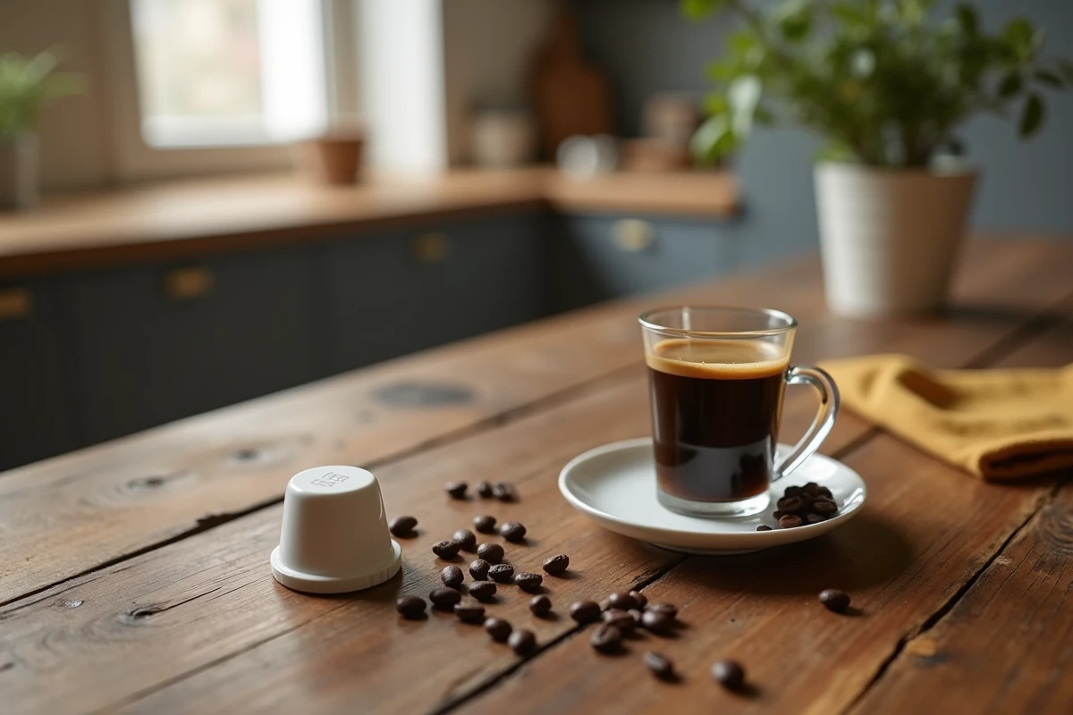 Dosette Senseo réutilisable posée à côté d'un café noir fraîchement préparé sur une table en bois rustique