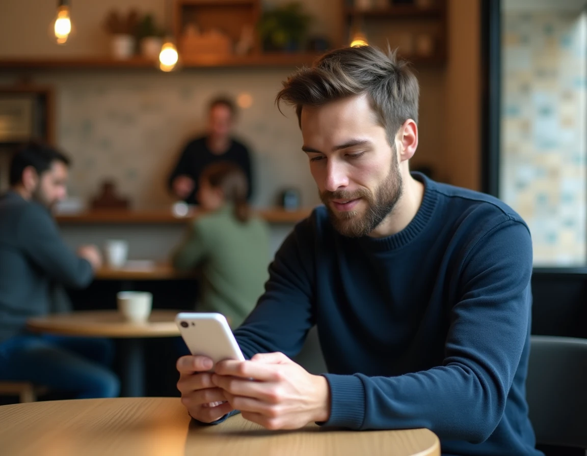 Un early adopter français découvrant le tracker Rabbit Finder dans un café parisien