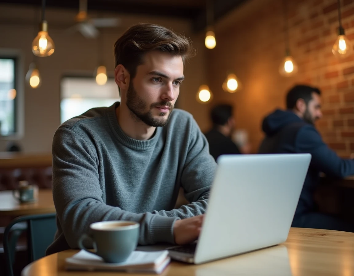 Un entrepreneur indépendant travaillant sur des outils de marketing digital et de référencement dans un café