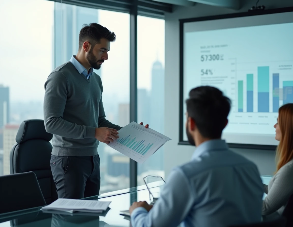 Entrepreneur présentant une stratégie de croissance à son équipe dans un bureau moderne avec vue sur la ville