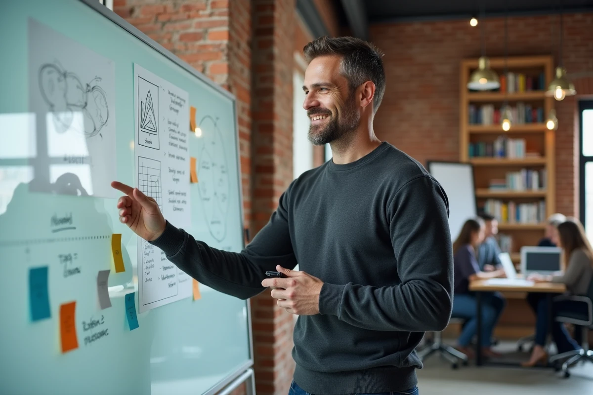 Entrepreneur masculin présentant une stratégie business sur tableau blanc dans un espace de coworking
