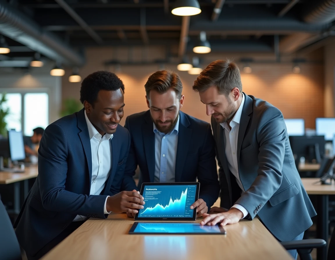 Équipe professionnelle collaborant autour d'un tableau analytique interactif dans un bureau ouvert moderne pour des décisions stratégiques basées sur les données