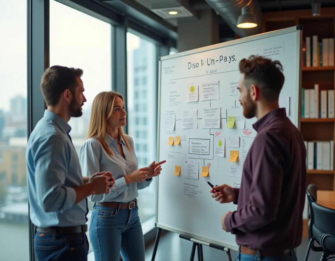 Une équipe de marketing digital collaborant autour d'un tableau blanc avec une stratégie de visibilité en ligne