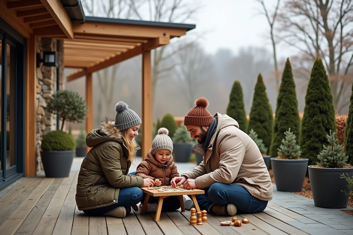 Famille jouant à un jeu sur la terrasse en hiver