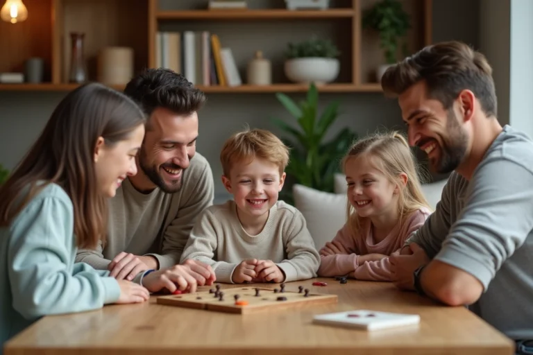 Famille jouant à un jeu de société autour d'une table