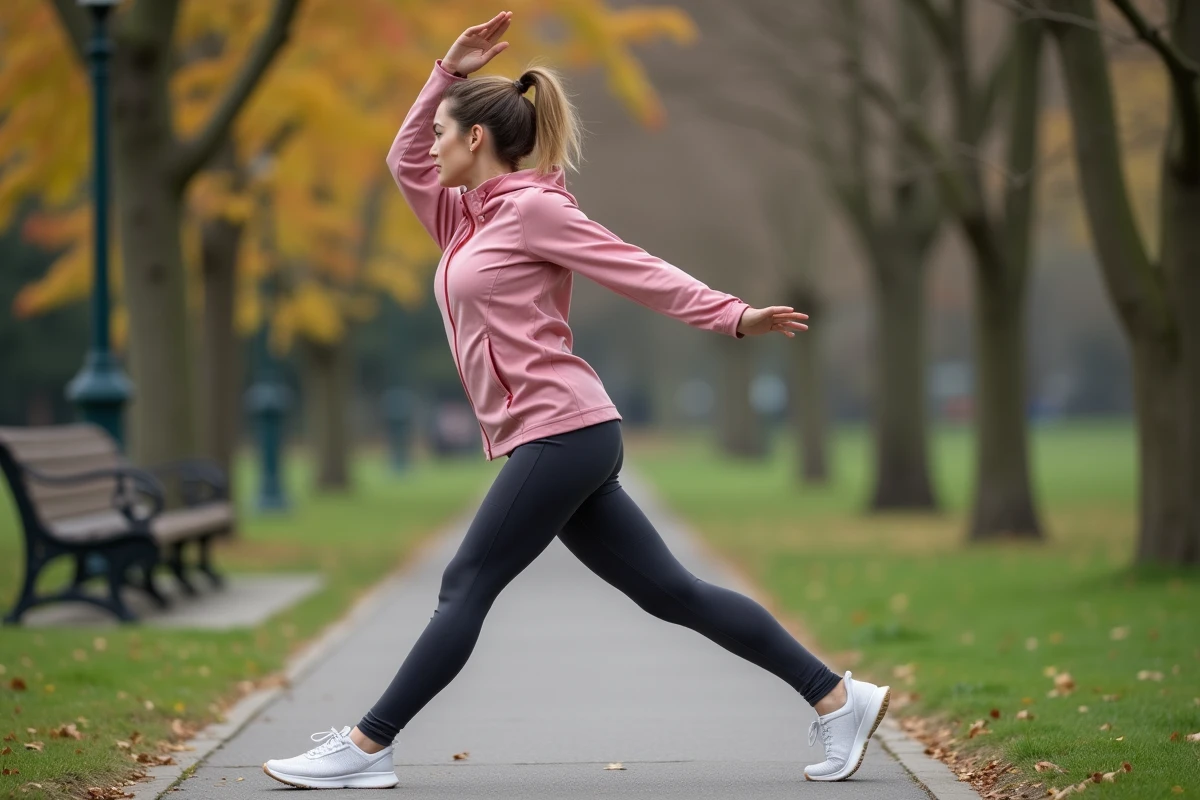 Femme active de silhouette saine s'étirant dans un parc urbain après une course, représentant un mode de vie équilibré