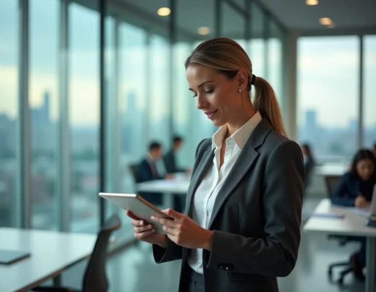 Femme d'affaires professionnelle consultant une tablette dans un bureau moderne avec vue sur la ville, illustrant les tendances du monde des affaires