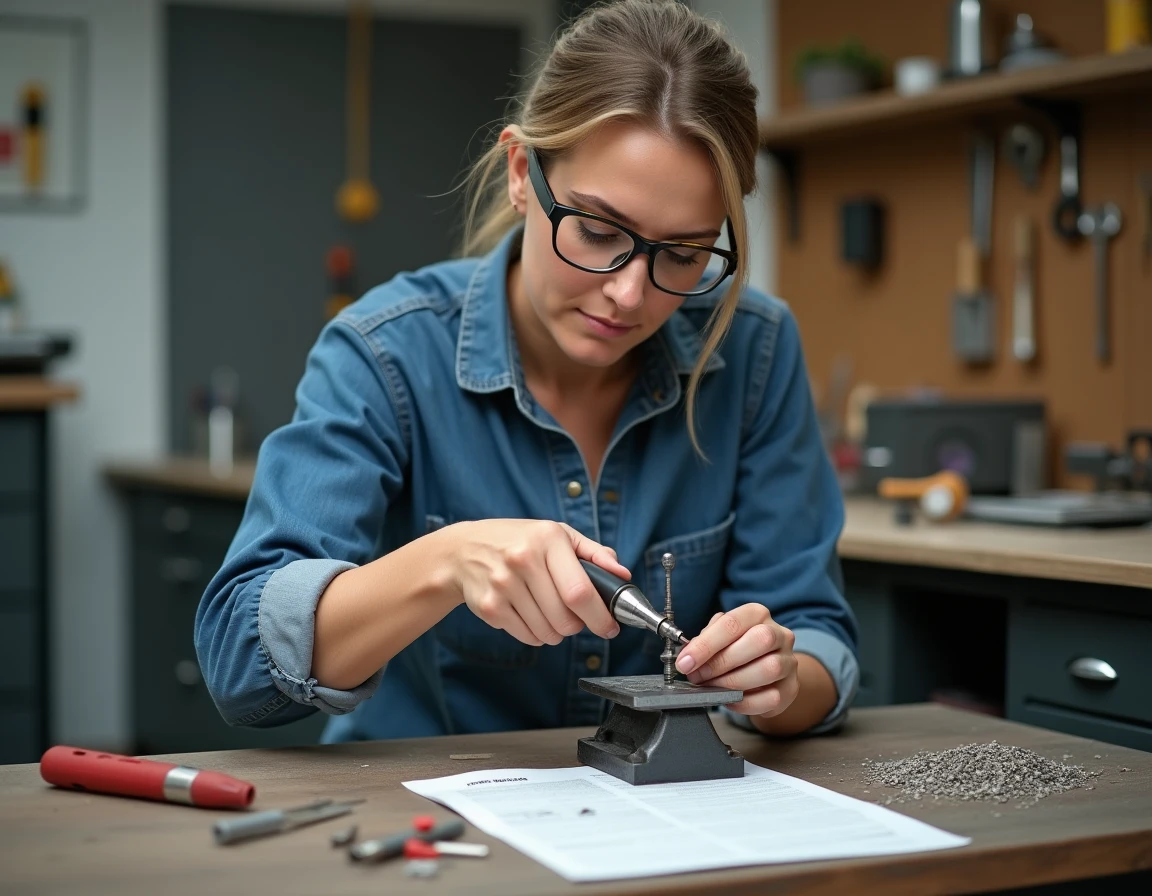 Femme utilisant un outil rotatif Dremel pour affûter une mèche à bois dans un atelier organisé