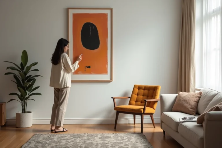 Femme élégante arrangeant une peinture abstraite dans un salon moderne