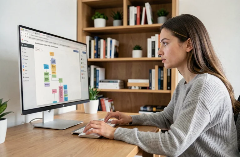 Femme consultant le sitemap d'un site web SEO sur un grand écran dans un bureau moderne