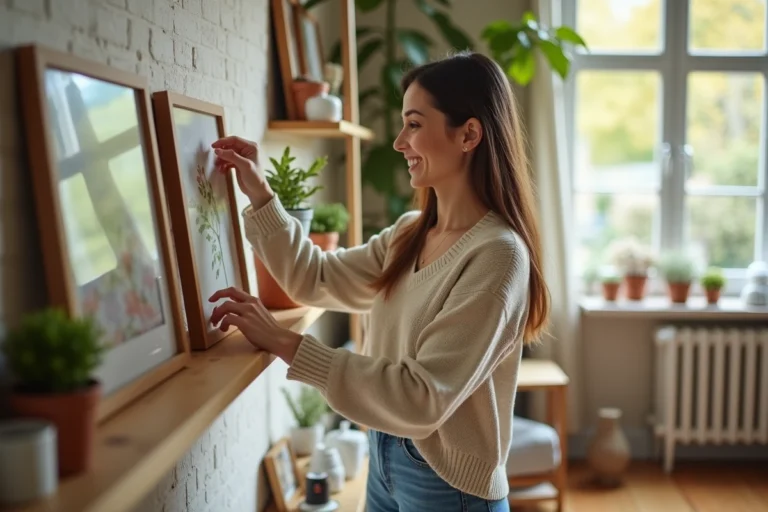Femme souriante arrangeant des œuvres d'art dans un salon lumineux