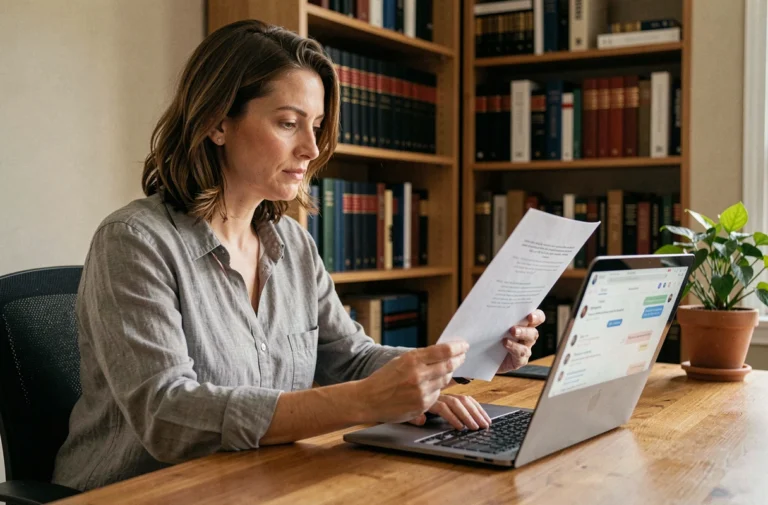Femme écrivain utilisant ChatGPT sur son ordinateur portable pour rédiger un livre, entourée de références juridiques et littéraires dans son bureau à domicile