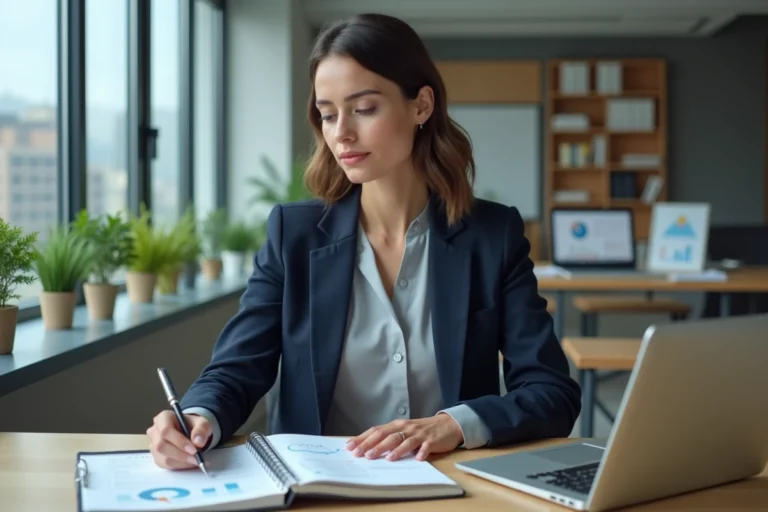 Femme entrepreneur concentrée qui analyse des ressources business à son bureau dans un bureau moderne