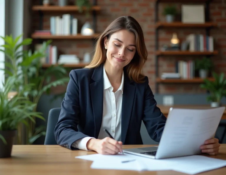 Femme entrepreneuse en blazer marine analysant un plan d'affaires dans un espace de coworking moderne