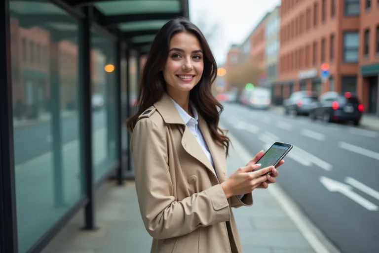 Femme consultant un itinéraire de bus sur l'application Mappy depuis son smartphone à un arrêt de bus en ville