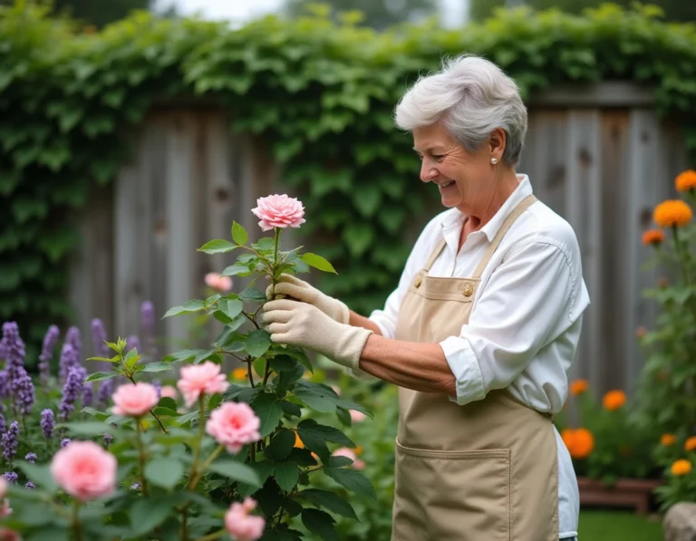 Femme jardinière taillant des rosiers en fleurs dans un jardin coloré avec dahlias et lavande en arrière-plan