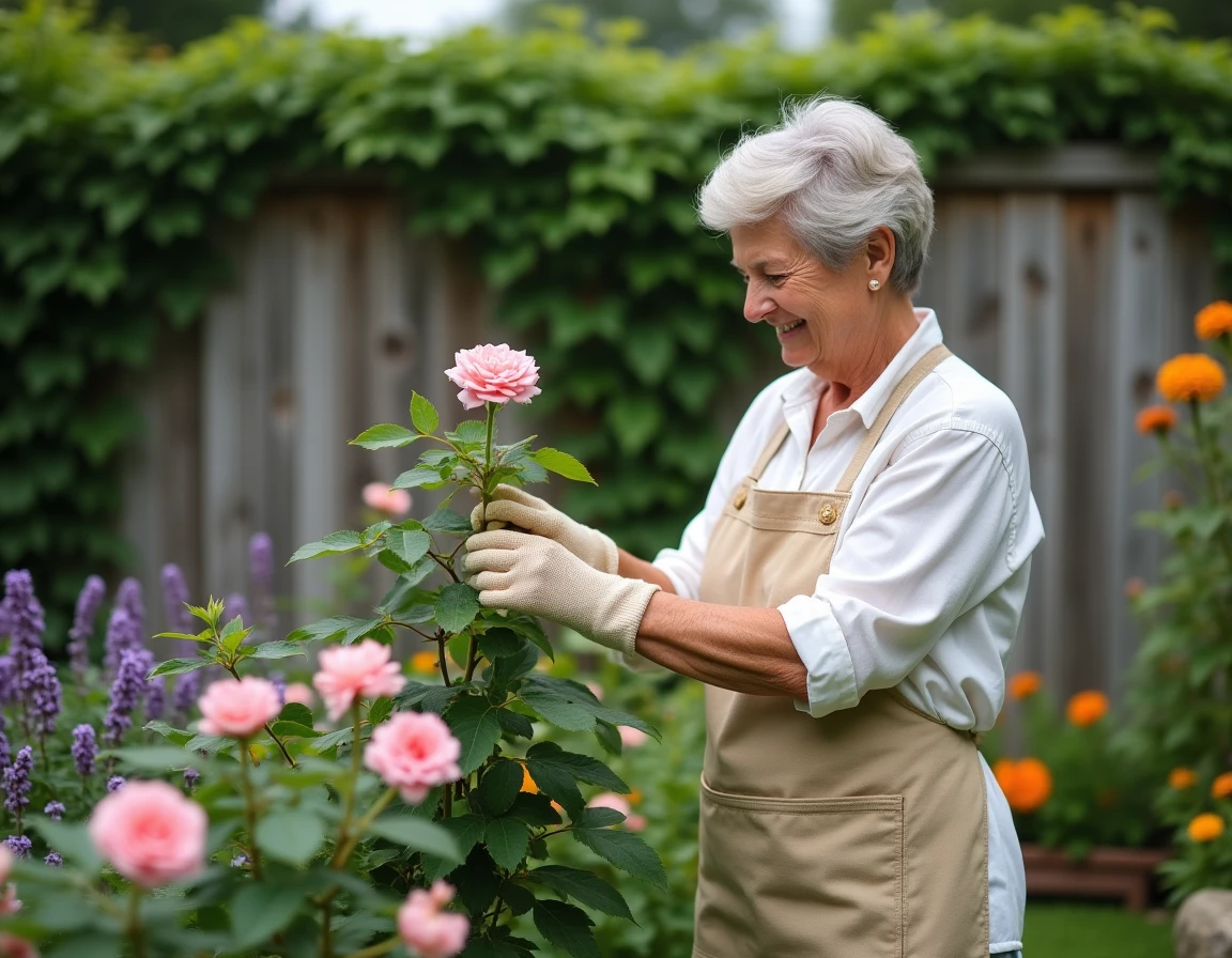 Femme jardinière taillant des rosiers en fleurs dans un jardin coloré avec dahlias et lavande en arrière-plan