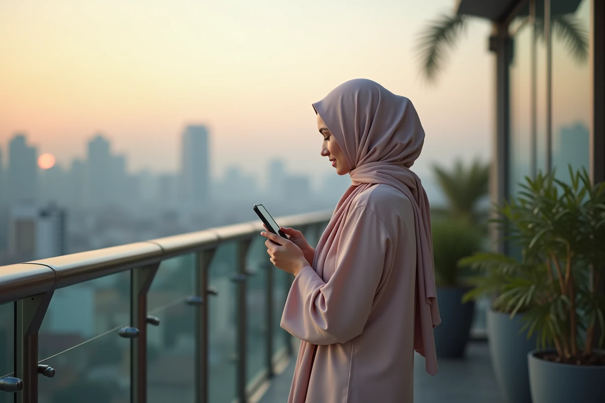 Femme musulmane regardant le paysage au lever du soleil