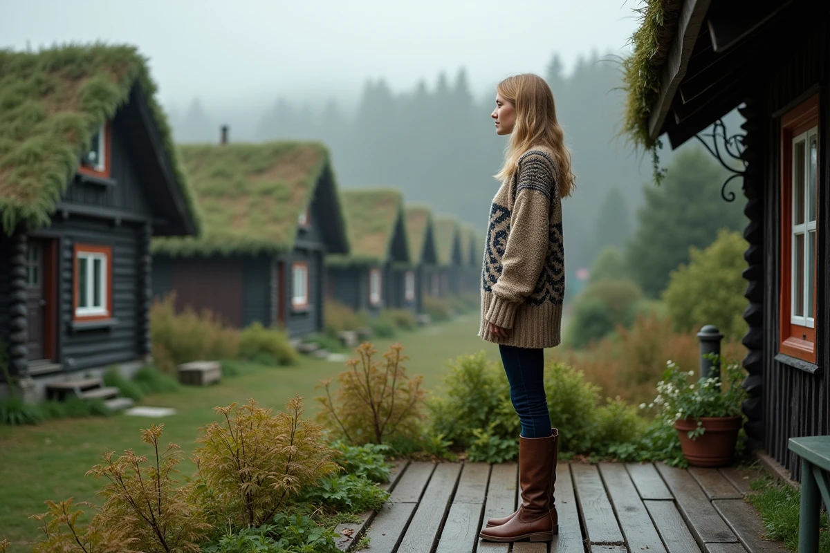 Jeune femme norvegienne devant maisons en toits de gazon
