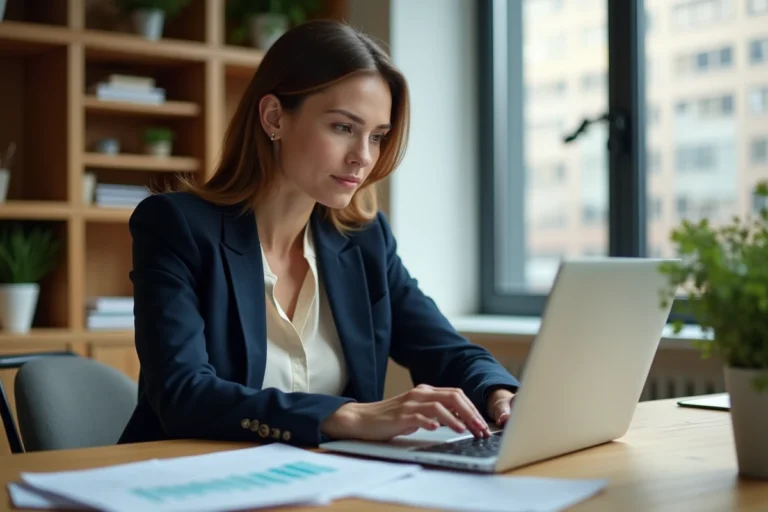 Femme concentrée qui planifie son indépendance financière à son bureau à domicile avec des documents et un ordinateur portable