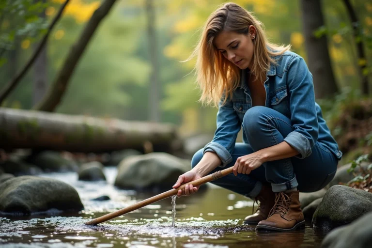Femme d'âge moyen rinsant une tige de bois dans un ruisseau de montagne