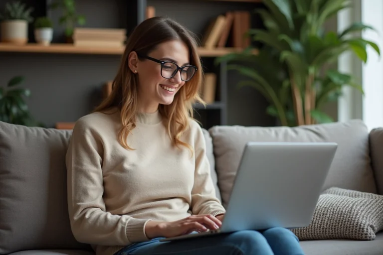 Jeune femme souriante avec ordinateur dans un salon cosy