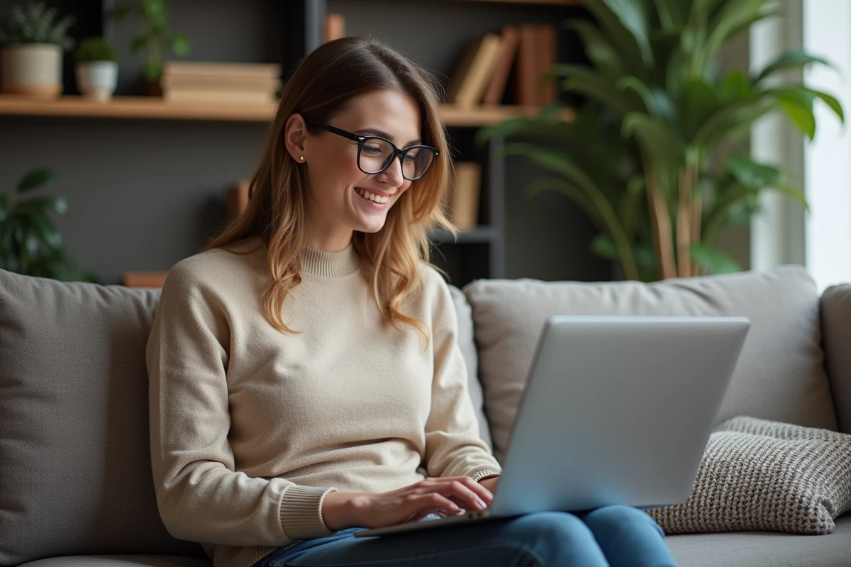 Jeune femme souriante avec ordinateur dans un salon cosy