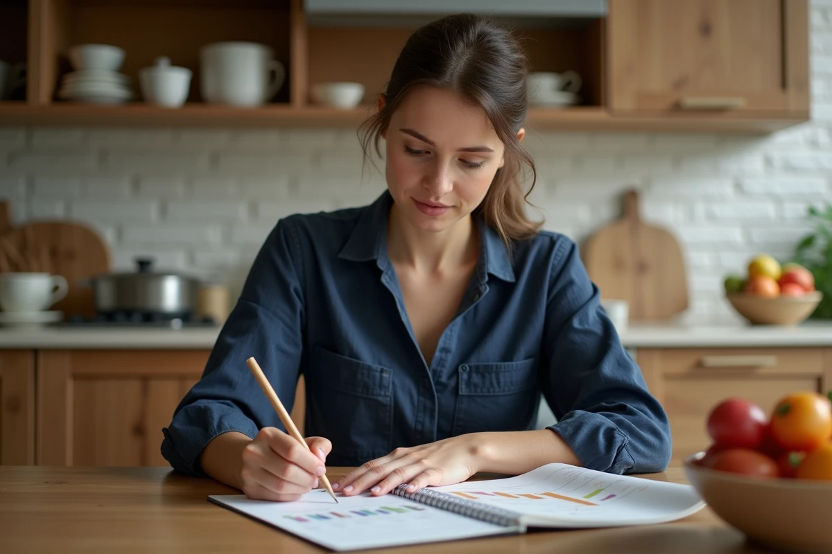 Femme en bonne santé consultant un tableau nutritionnel à la cuisine pour atteindre son poids idéal