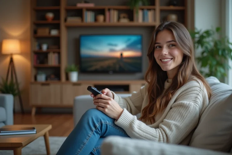Jeune femme souriante dans un salon moderne et cosy