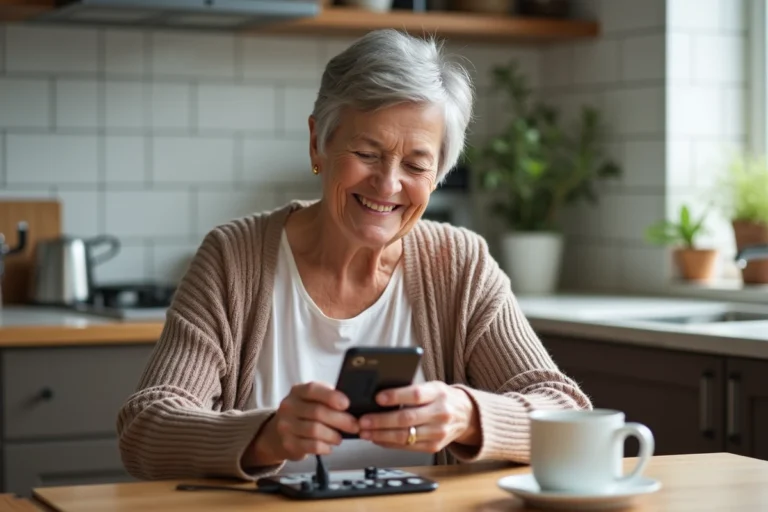 Femme senior souriante charge son téléphone à la maison