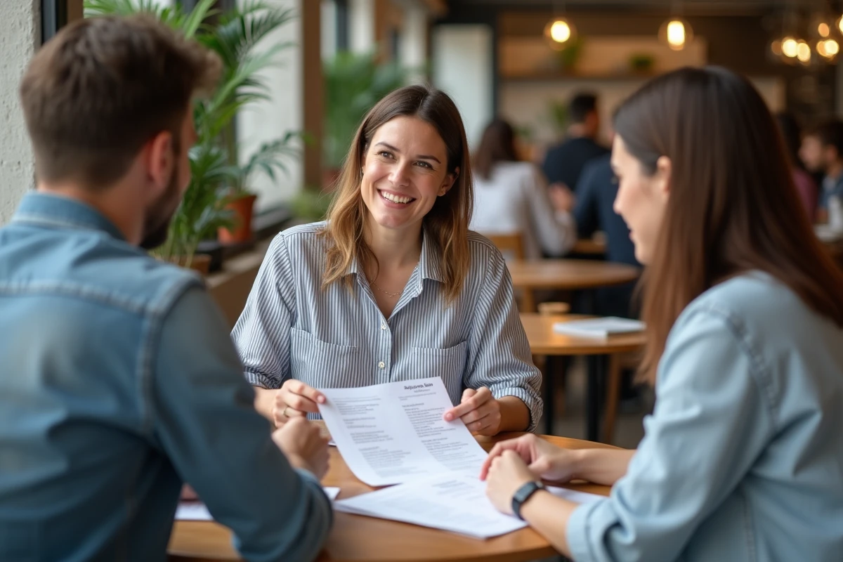 Mariée et ses témoins consultant une fiche pratique de mission imprimée autour d'une table dans un café