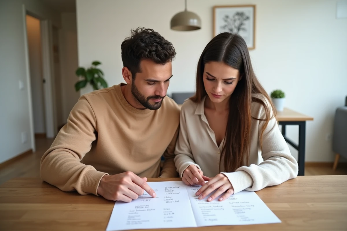 Couple assis à une table révisant leur liste d'invités annotée à la main pour fixer la jauge du mariage