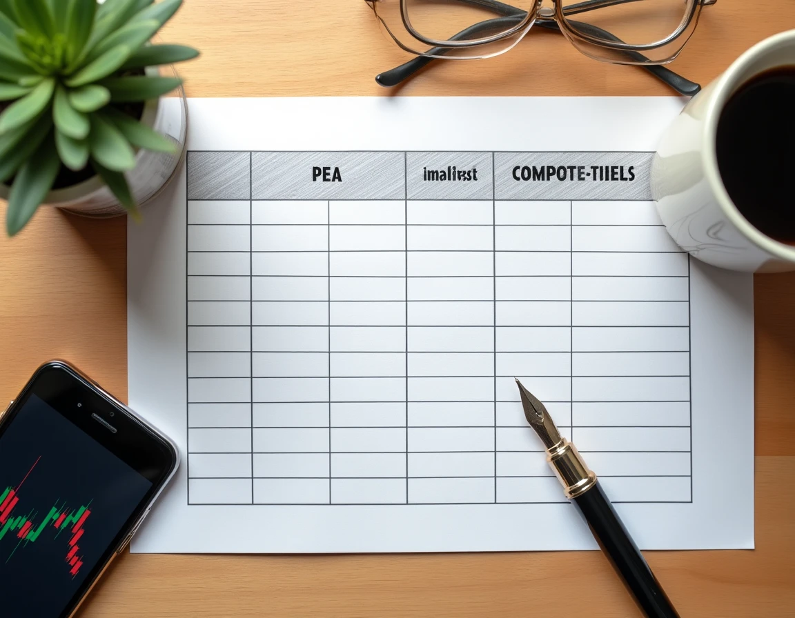 Vue aérienne d'un bureau avec un tableau comparatif PEA et compte-titres, stylo et smartphone affichant des données boursières