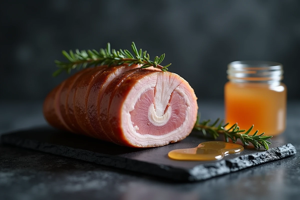 Gros plan de tranches de pied de porc braisé sur ardoise révélant les couches de collagène, graisse et viande tendre