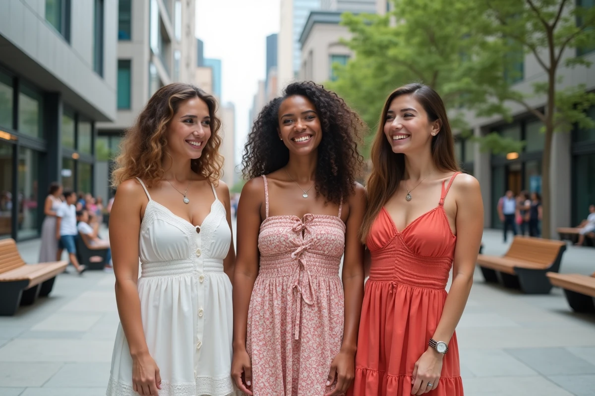 Trois femmes diverses discutant dans une place urbaine en été